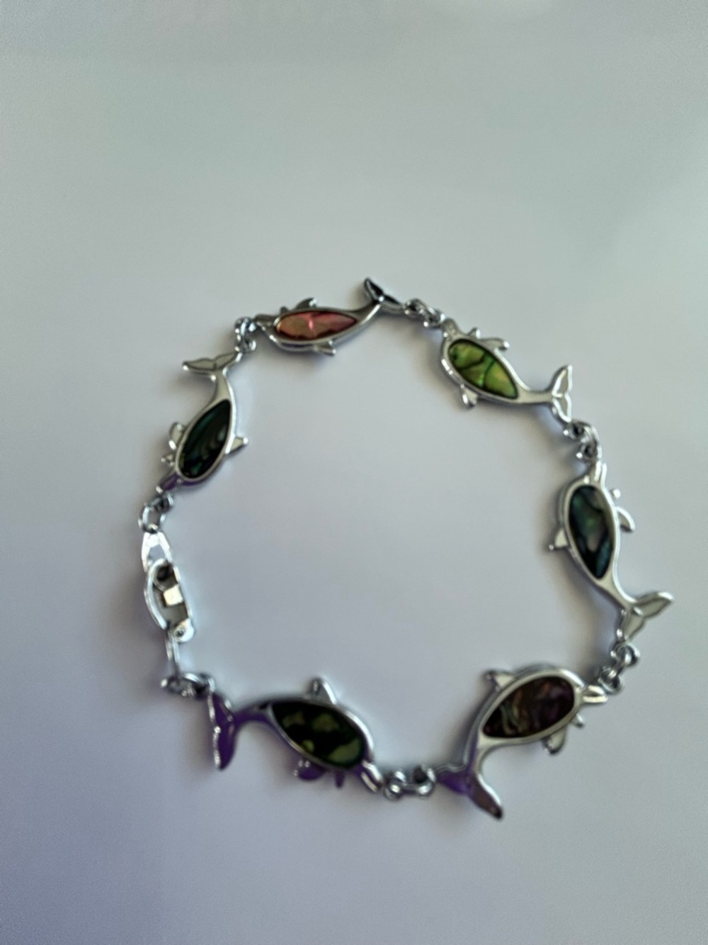 Dolphin Link Bracelet, Multicolor Inlay, Silvertone (size 7.5”)